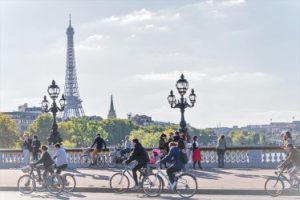 People enjoying a car free day in Paris, France