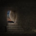 Empty tomb of Jesus with crosses in far hill